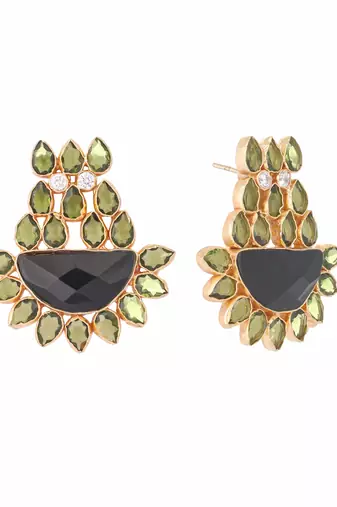 gold plated dark crystal studded contemporary floral shaped stud earrings