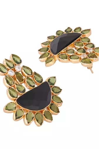 gold plated dark crystal studded contemporary floral shaped stud earrings
