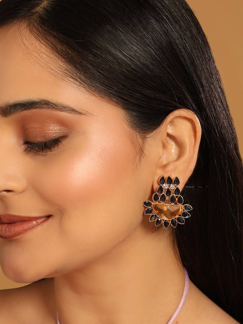 gold plated crystal studded contemporary floral shaped stud earrings