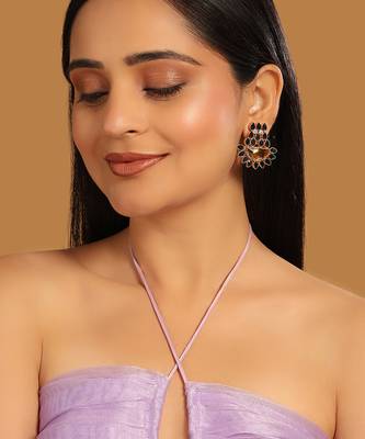 gold plated crystal studded contemporary floral shaped stud earrings 2