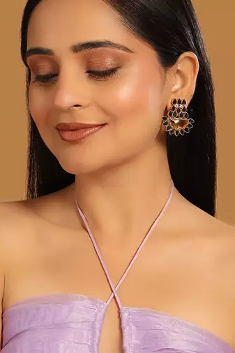 gold plated crystal studded contemporary floral shaped stud earrings