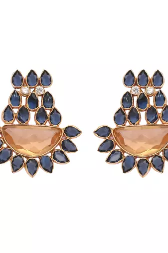 gold plated crystal studded contemporary floral shaped stud earrings