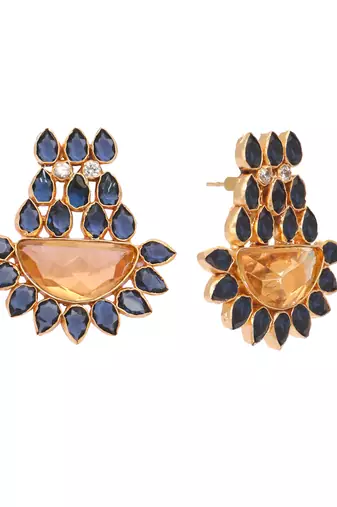 gold plated crystal studded contemporary floral shaped stud earrings