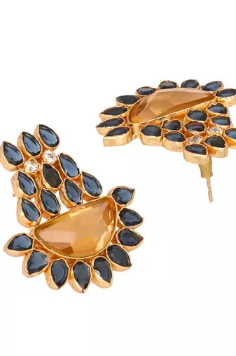 gold plated crystal studded contemporary floral shaped stud earrings
