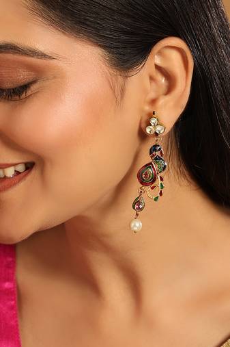 gold plated pearl drop kundan studded ethnic peacock shaped drop earrings