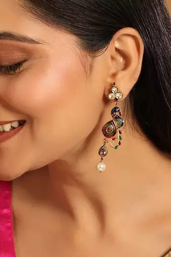 gold plated pearl drop kundan studded ethnic peacock shaped drop earrings