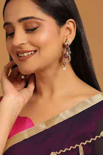 gold plated pearl drop kundan studded ethnic peacock shaped drop earrings