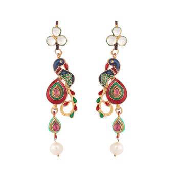 gold plated pearl drop kundan studded ethnic peacock shaped drop earrings 3