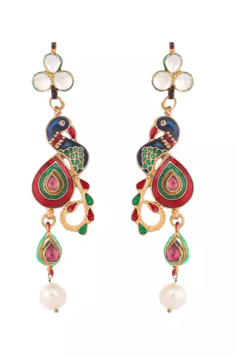 gold plated pearl drop kundan studded ethnic peacock shaped drop earrings