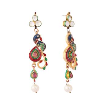 gold plated pearl drop kundan studded ethnic peacock shaped drop earrings 4