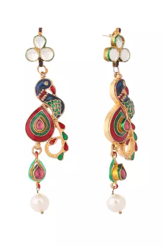gold plated pearl drop kundan studded ethnic peacock shaped drop earrings