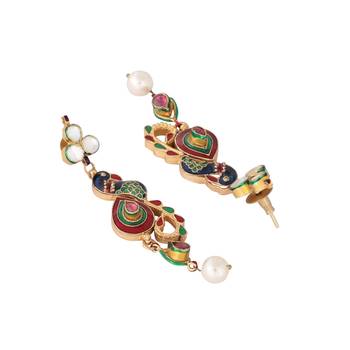 gold plated pearl drop kundan studded ethnic peacock shaped drop earrings 5