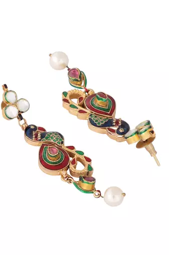gold plated pearl drop kundan studded ethnic peacock shaped drop earrings