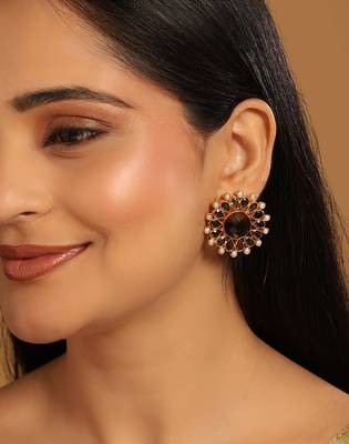 gold plated faux smoky quartz & crystal studded contemporary floral studs 1