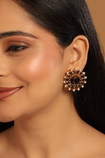 gold plated faux smoky quartz & crystal studded contemporary floral studs