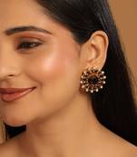 gold plated faux smoky quartz & crystal studded contemporary floral studs