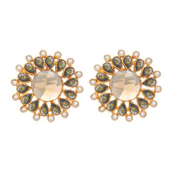 gold plated faux smoky quartz & crystal studded contemporary floral studs 3