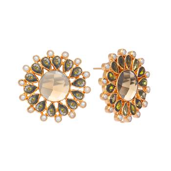 gold plated faux smoky quartz & crystal studded contemporary floral studs 4