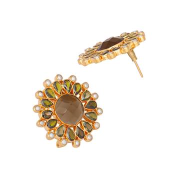 gold plated faux smoky quartz & crystal studded contemporary floral studs 5