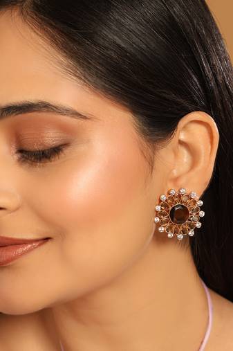 gold plated faux smoky quartz & white crystal studded contemporary floral shaped studs