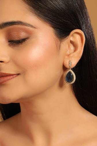 gold plated faux smoky quartz stone studded contemporary drop earrings