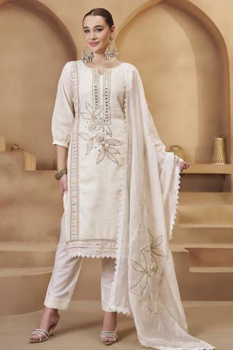 Off White Cotton Jute Work Embroidered Salwar Kameez Semi Stiched