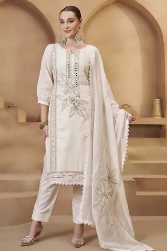 Off White Cotton Jute Work Embroidered Salwar Kameez Semi Stiched