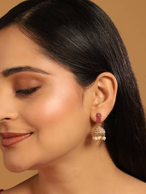 gold plated pearl 7 colored stone studded contemporary shaped pink mini jhumkas 1