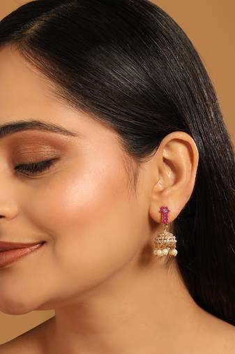 gold plated pearl 7 colored stone studded contemporary shaped pink mini jhumkas