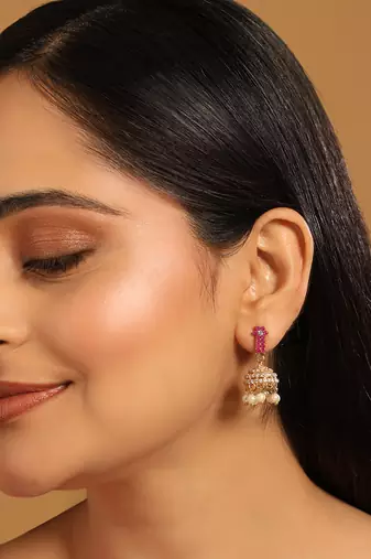 gold plated pearl 7 colored stone studded contemporary shaped pink mini jhumkas