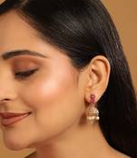 gold plated pearl 7 colored stone studded contemporary shaped pink mini jhumkas