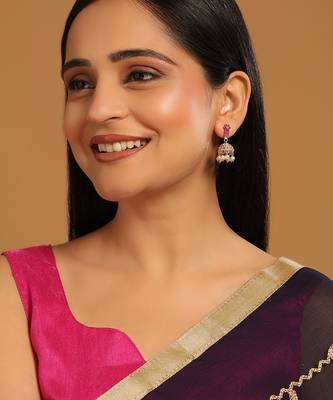 gold plated pearl 7 colored stone studded contemporary shaped pink mini jhumkas 2