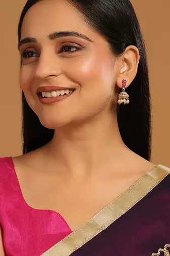 gold plated pearl 7 colored stone studded contemporary shaped pink mini jhumkas