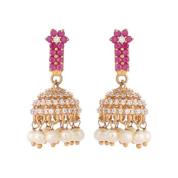 gold plated pearl 7 colored stone studded contemporary shaped pink mini jhumkas 3