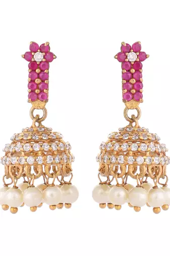 gold plated pearl 7 colored stone studded contemporary shaped pink mini jhumkas