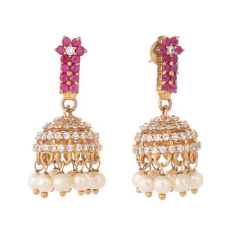 gold plated pearl 7 colored stone studded contemporary shaped pink mini jhumkas 4