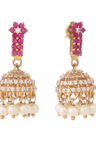 gold plated pearl 7 colored stone studded contemporary shaped pink mini jhumkas