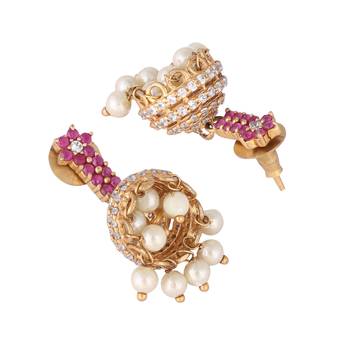 gold plated pearl 7 colored stone studded contemporary shaped pink mini jhumkas 5