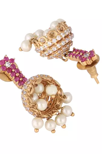 gold plated pearl 7 colored stone studded contemporary shaped pink mini jhumkas