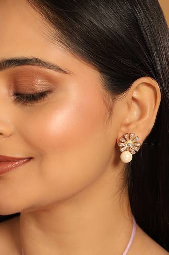 gold plated pearl drop zircon floral shaped mini stud earrings