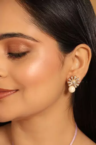 22k gold-plated pearl drop zircon floral shaped mini stud earrings