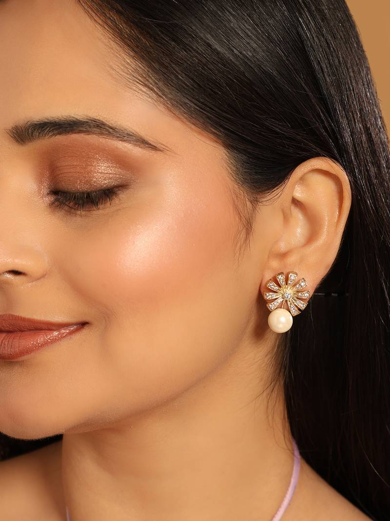 gold plated pearl drop zircon floral shaped mini stud earrings