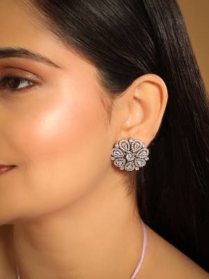 Rhodium plated zircon studded floral statement stud earrings 1