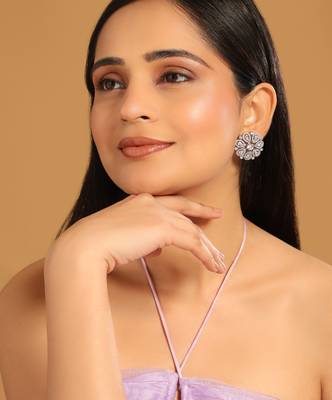 Rhodium plated zircon studded floral statement stud earrings 2