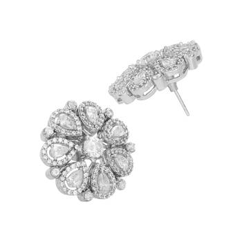 Rhodium plated zircon studded floral statement stud earrings 5