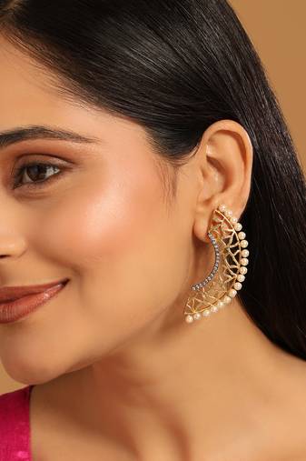 gold plated zircon studded & pearl beaded contemporary shaped statement stud earrings