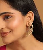 gold plated zircon studded & pearl beaded contemporary shaped statement stud earrings