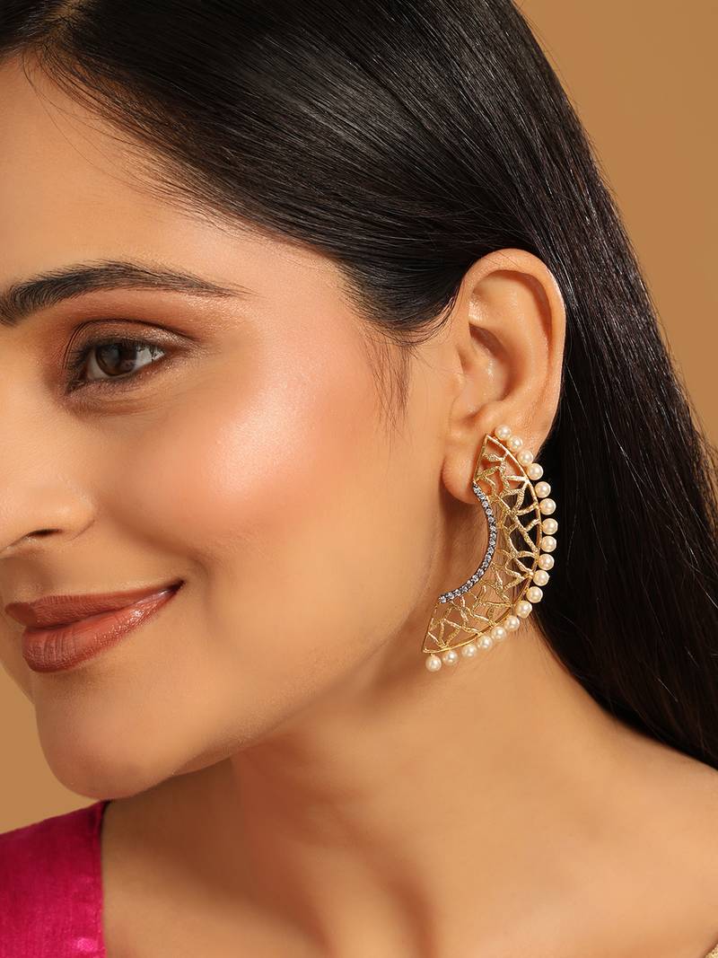 gold plated zircon studded & pearl beaded contemporary shaped statement stud earrings