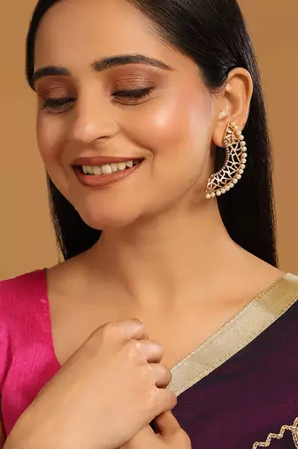 gold plated zircon studded & pearl beaded contemporary shaped statement stud earrings