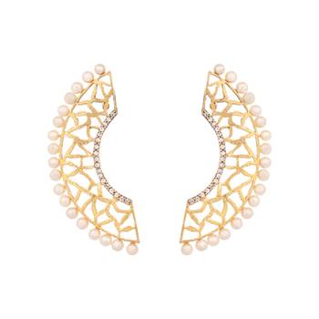 gold plated zircon studded & pearl beaded contemporary shaped statement stud earrings 3